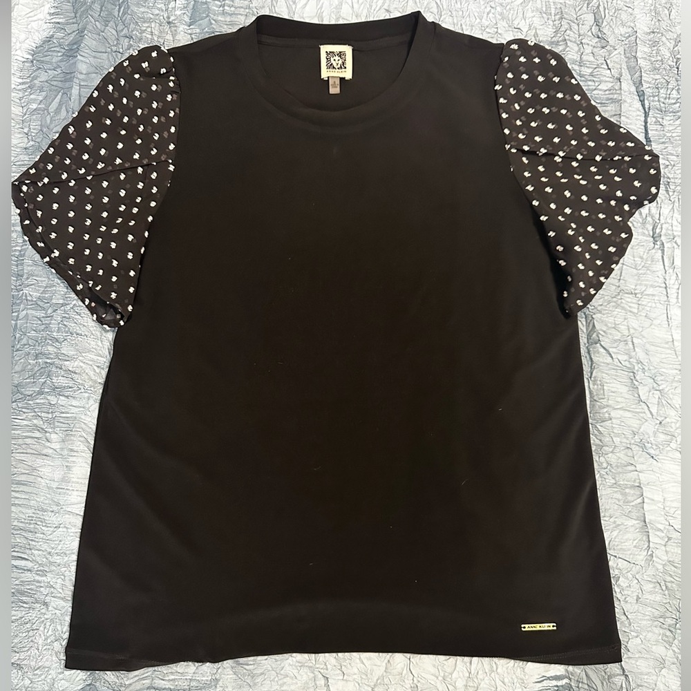 151. Anne Klein Black Top with light sheer Print Sleeves